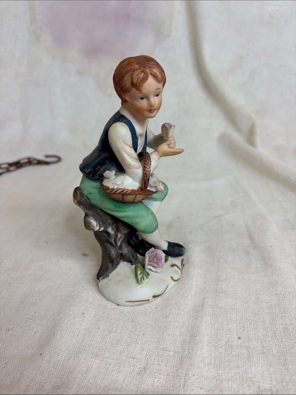 Porcelain Boy Figurine in Green and Black - Decorative Home Accent